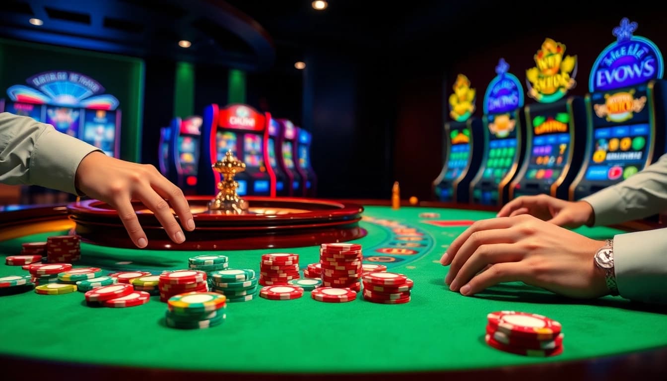 Players enjoying thrilling experiences at GG88, surrounded by poker chips and a roulette wheel.