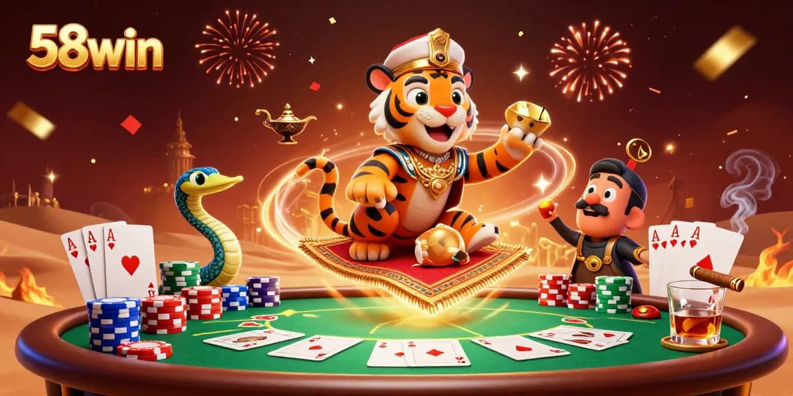 Experience thrilling gaming magic with the 58win sultan on a poker chip carpet amidst vibrant casino elements.
