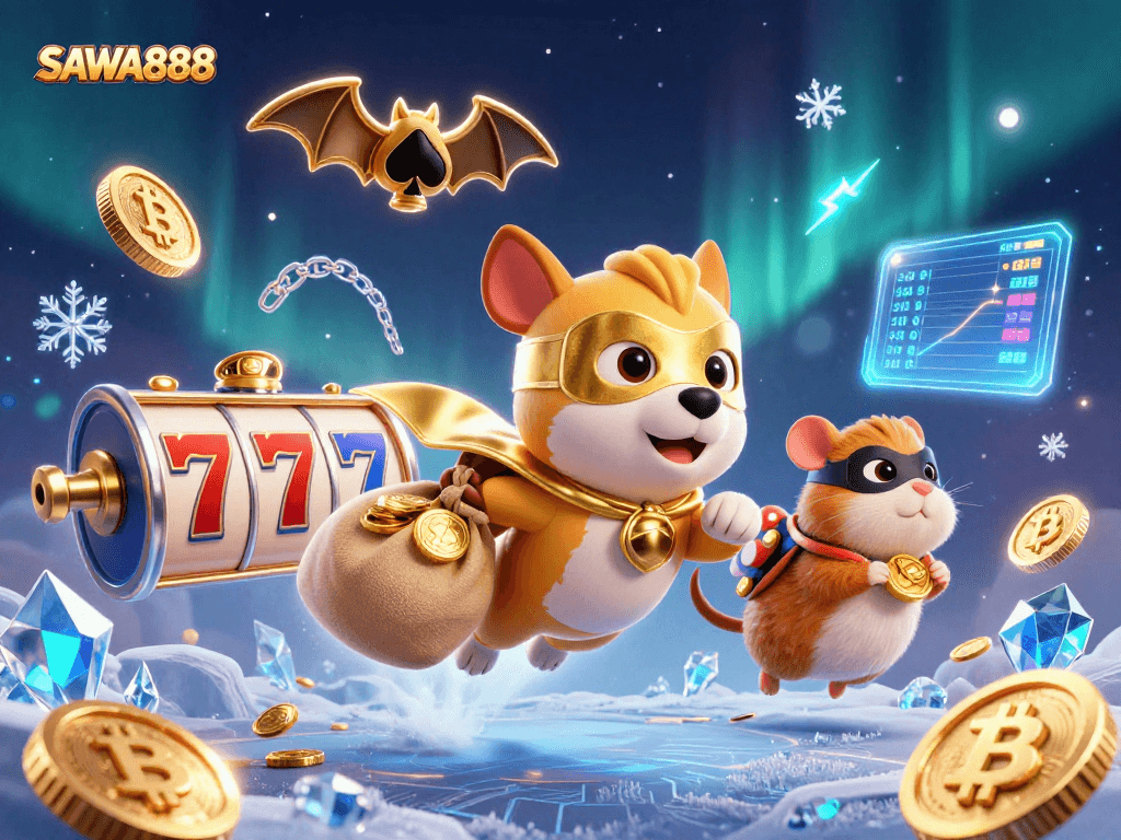 Engage with SAWA888, where the superhero dog soars above a vibrant casino world, symbolizing winning opportunities.