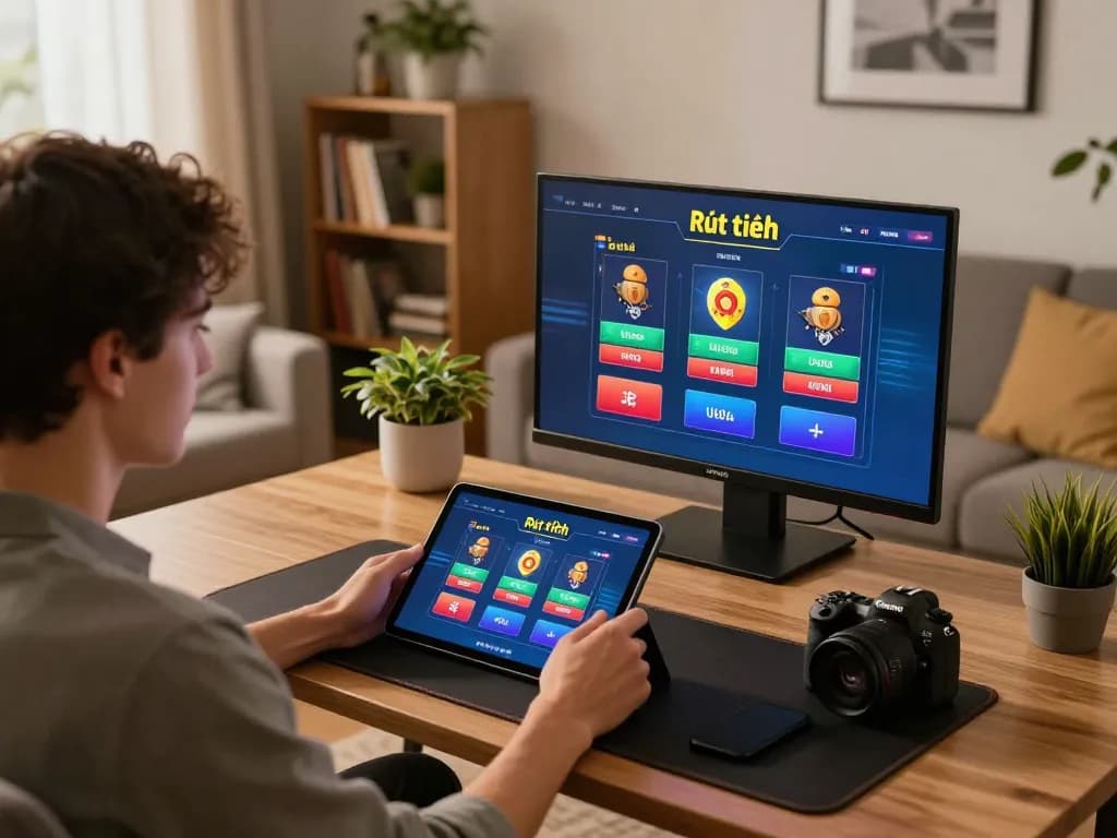 Rút tiền UU88 process displayed on a tablet in a cozy home gaming setup.