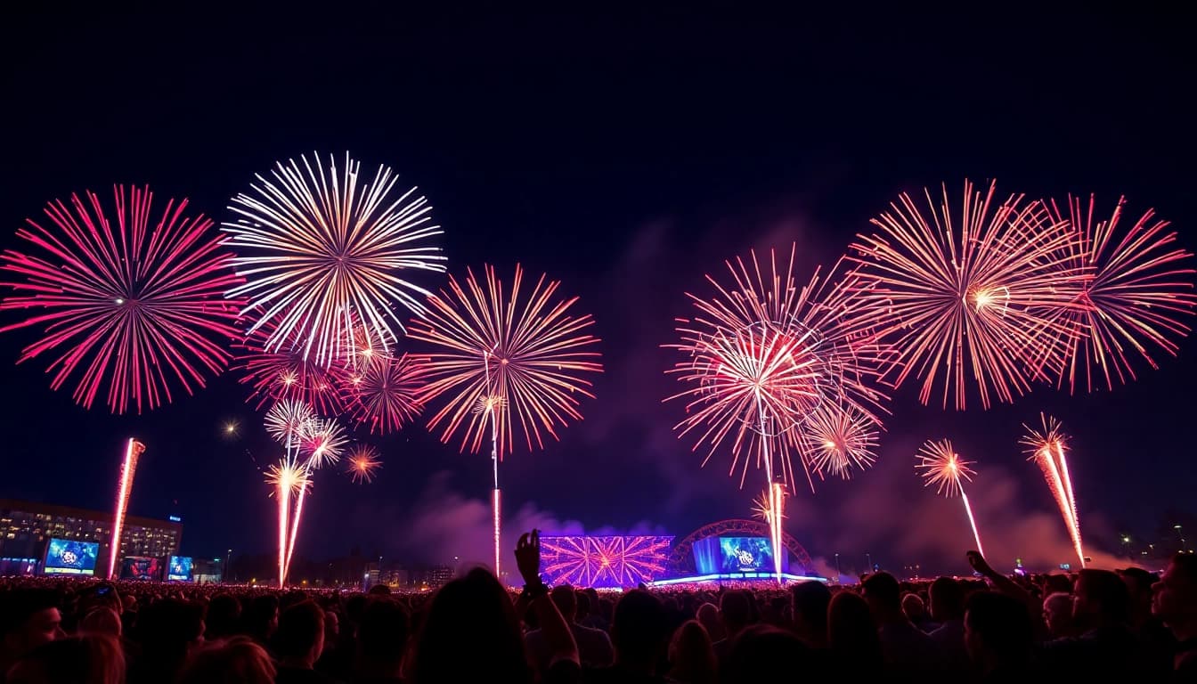 Celebrate with spectacular manchester fireworks illuminating the night sky above an amazed crowd.