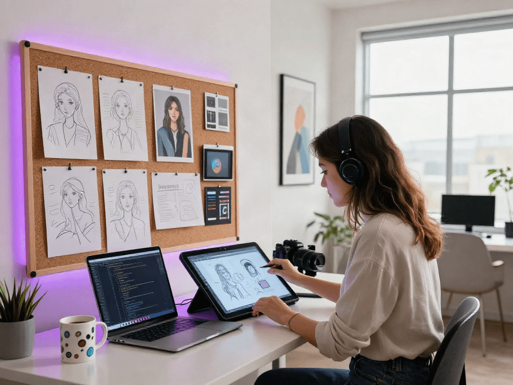 AI NSFW content creation scene with graphic designer focused on artwork in a modern studio