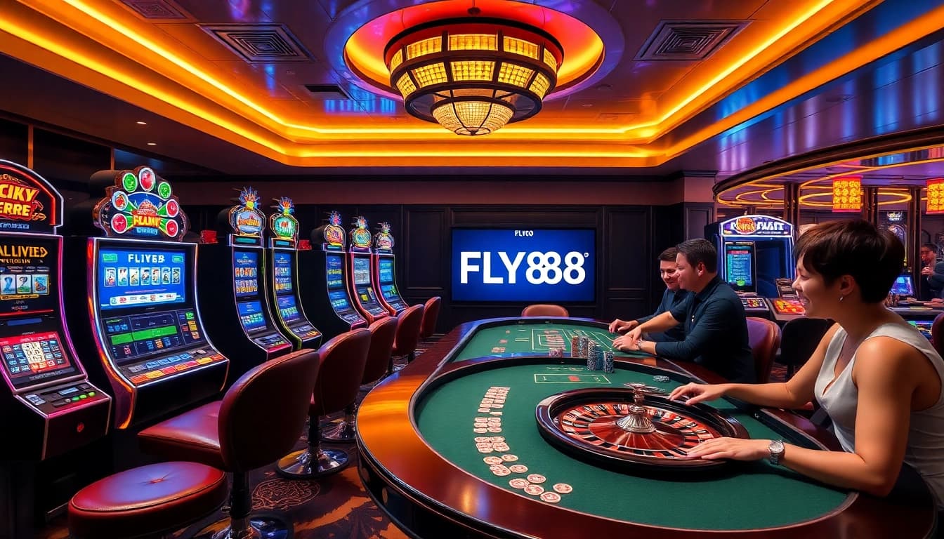 Exciting casino atmosphere showcasing FLY88 with vibrant games and joyful players.