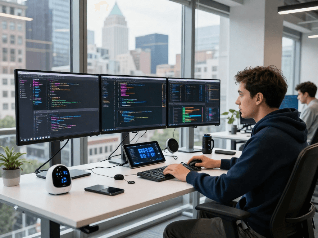 juicy ai developer collaborating in a modern tech workspace with colorful code displays and city skyline view