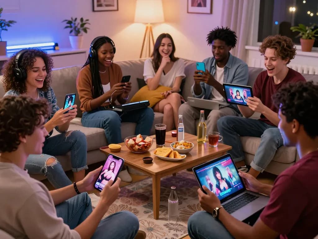 Players enjoying a porngame in a cozy living room, engaging on smartphones and laptops with dynamic interactions.