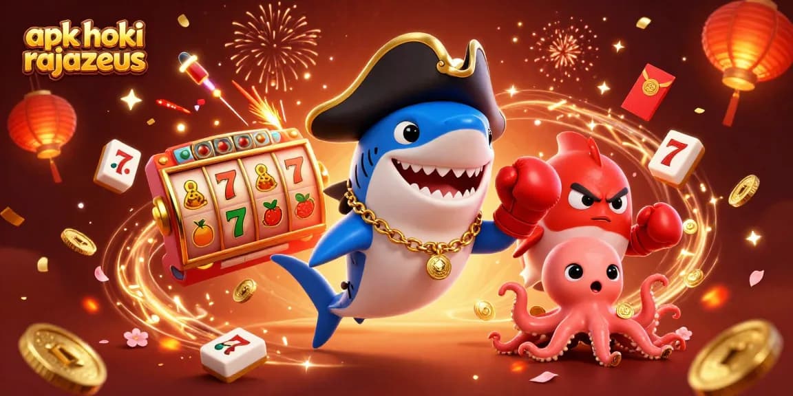 Engage with apk hoki rajazeus through a vibrant casino-themed 3D illustration depicting characters and slot game elements.