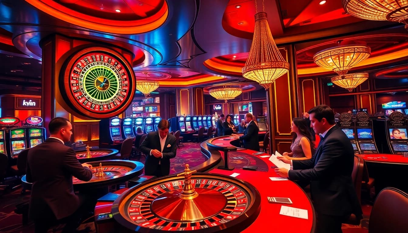 Kwin casino scene featuring players strategizing at gaming tables and an elegant roulette wheel.