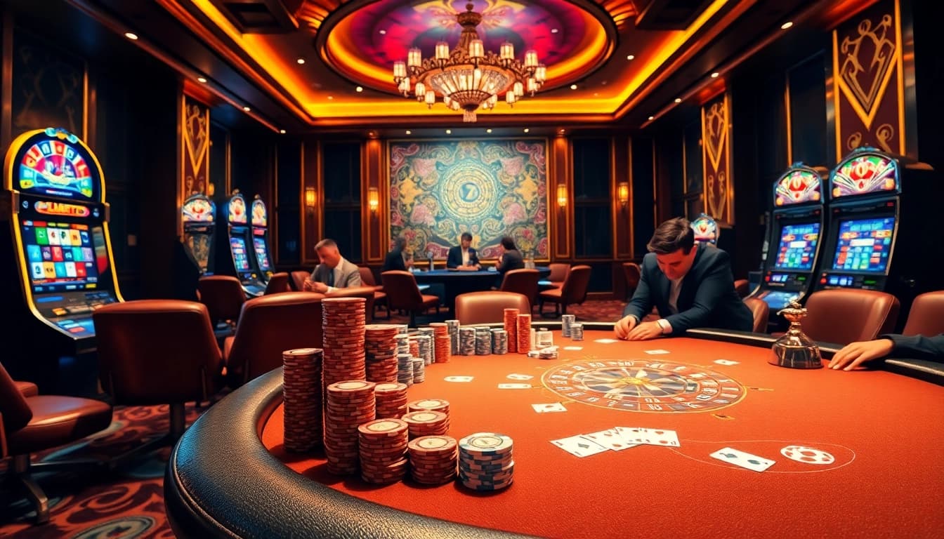 Players enjoying a thrilling game at the GO8 casino with poker chips and a spinning roulette wheel.