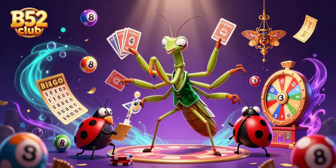 B52 club engages players with vibrant lottery balls, a card sharp, and a pit boss in a casino scene.