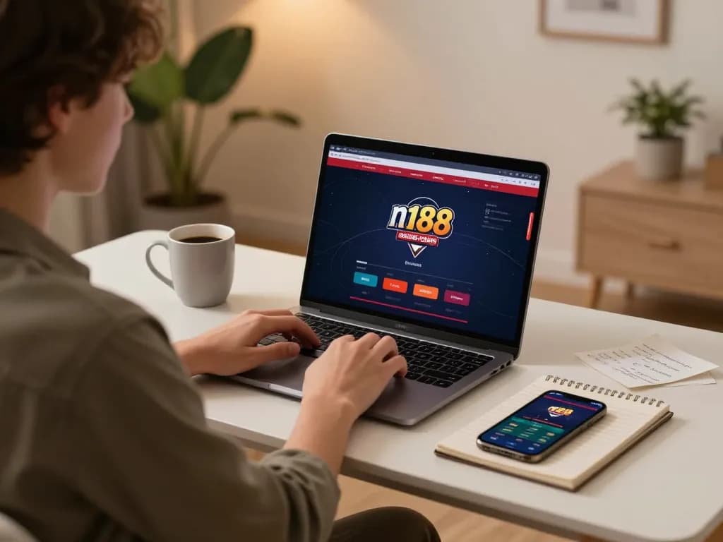 An engaged gamer using n188's online poker interface on a laptop, surrounded by notes and a smartphone, showcasing responsible gambling.