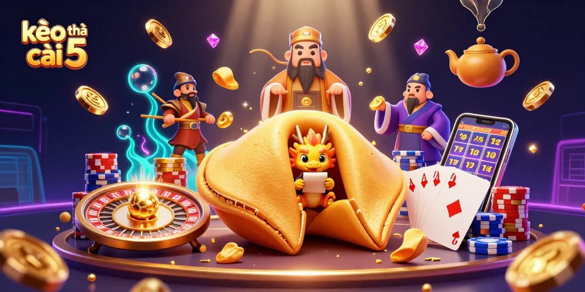 Experience kèo nhà cái 5 with this dynamic illustration of 3D casino elements and vibrant characters.
