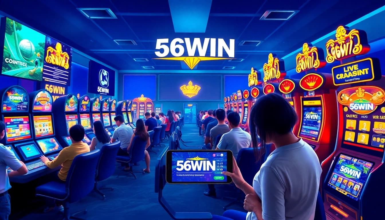 Exciting gaming scene showcasing diverse players on trang chủ 56WIN, featuring sports betting, casino games, and digital slots.