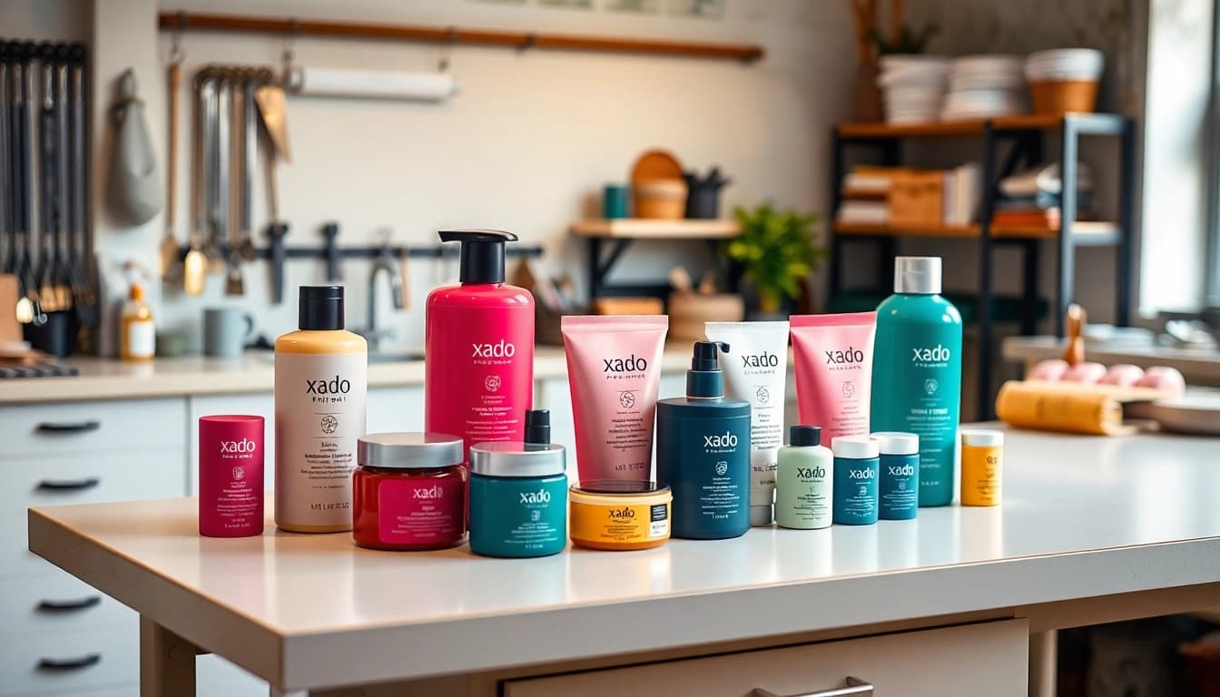 Xado priedai products arranged neatly, showcasing their unique packaging and features.