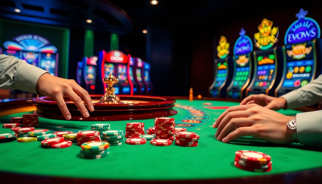 Players enjoying thrilling experiences at GG88, surrounded by poker chips and a roulette wheel.