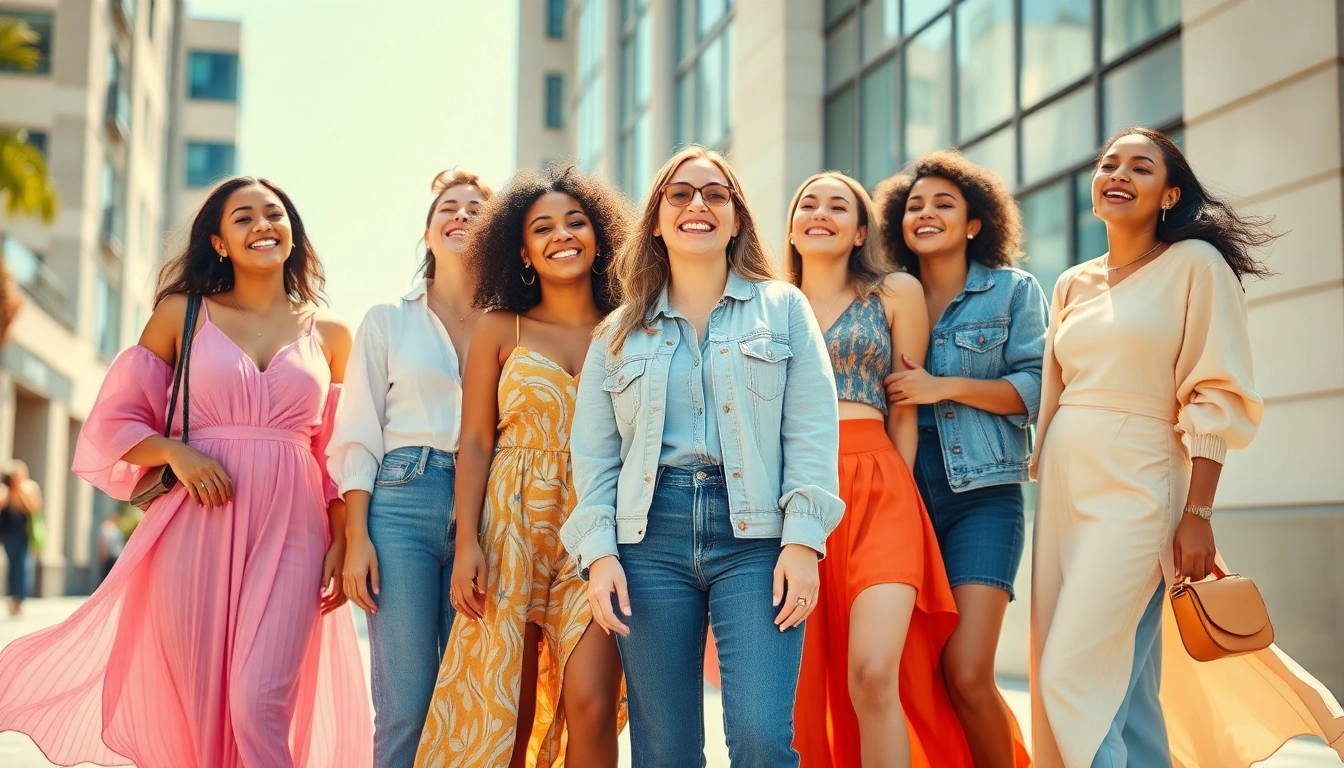 Celebrate Women Fashion with diverse styles in a sunlit urban setting, showcasing vibrant outfits and joyful expressions.