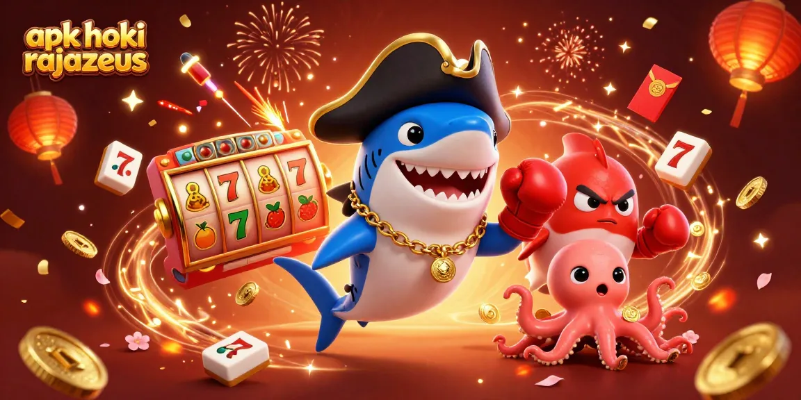 Engage with apk hoki rajazeus through a vibrant casino-themed 3D illustration depicting characters and slot game elements.