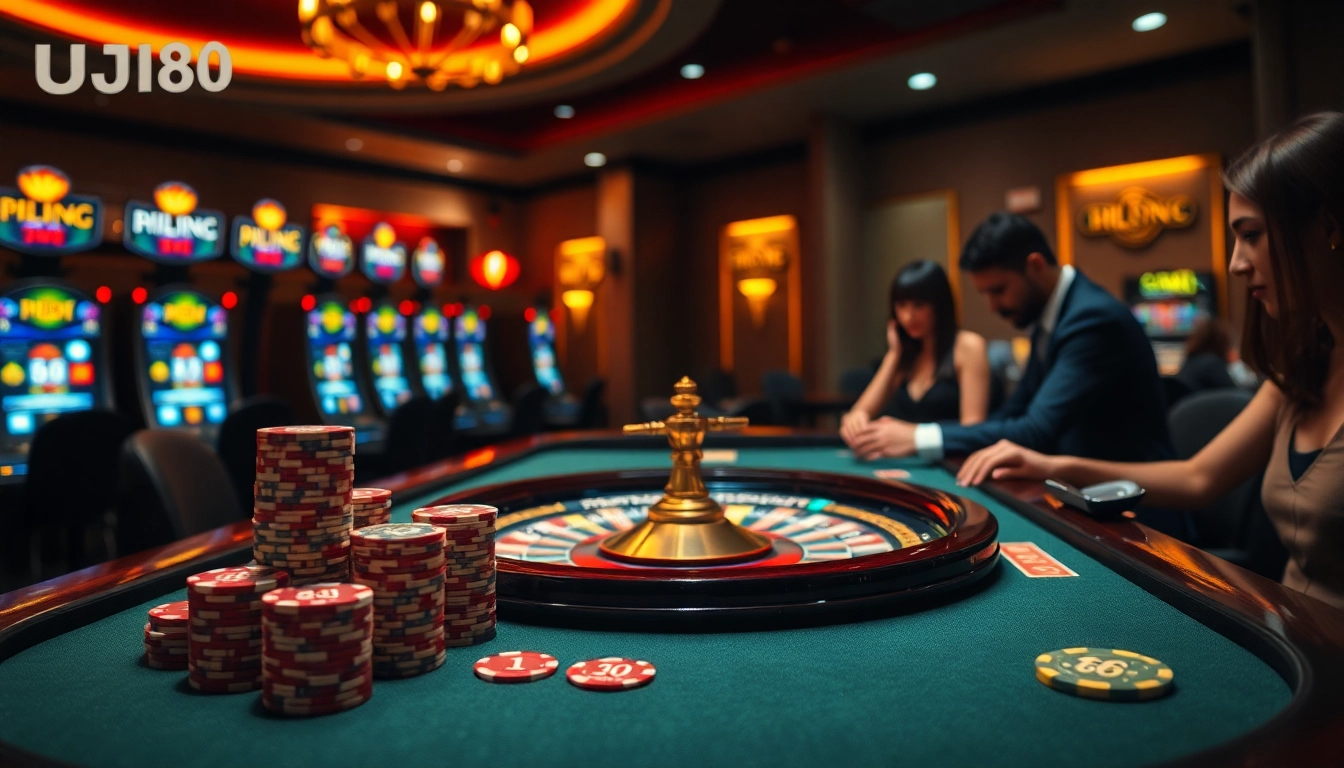 BJ88 casino scene with vibrant gambling table, poker chips, and roulette wheel capturing the excitement of gaming.