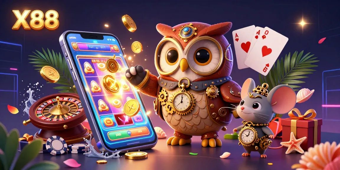 X88 showcases a vibrant steampunk casino scene with animated owl and dynamic gaming elements.
