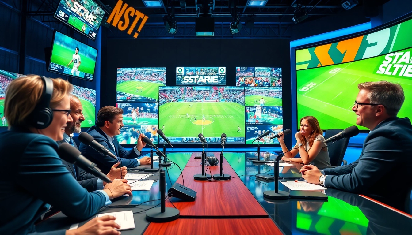 Engaging sports broadcasting scene showing broadcasters discussing live events in a modern studio.