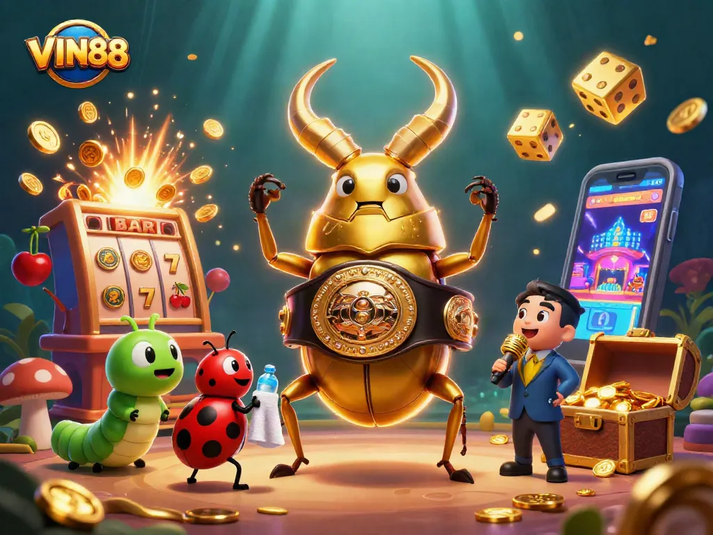 Experience the excitement at VIN88 with a dynamic scene filled with casino elements and vibrant characters.