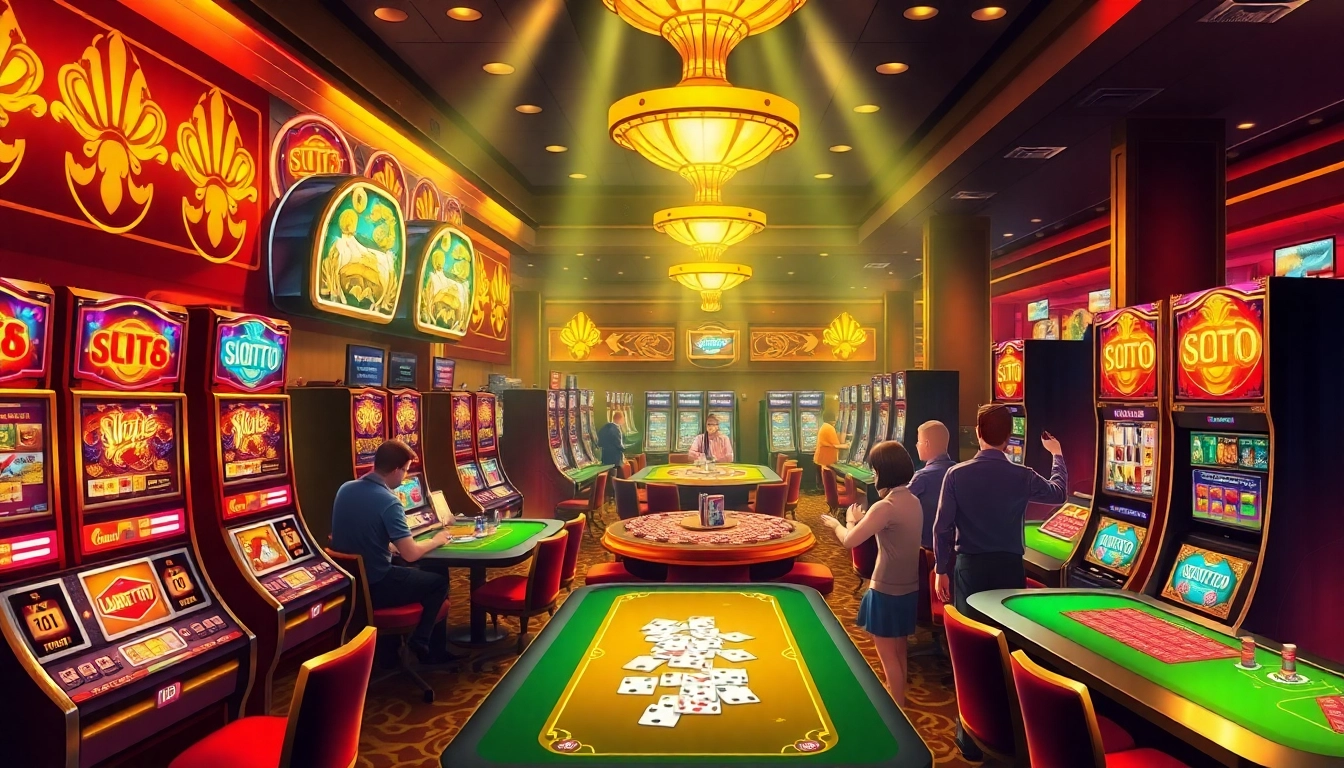 Experience the excitement of Slot777 gaming with vibrant slot machines and lively players in a luxurious casino.