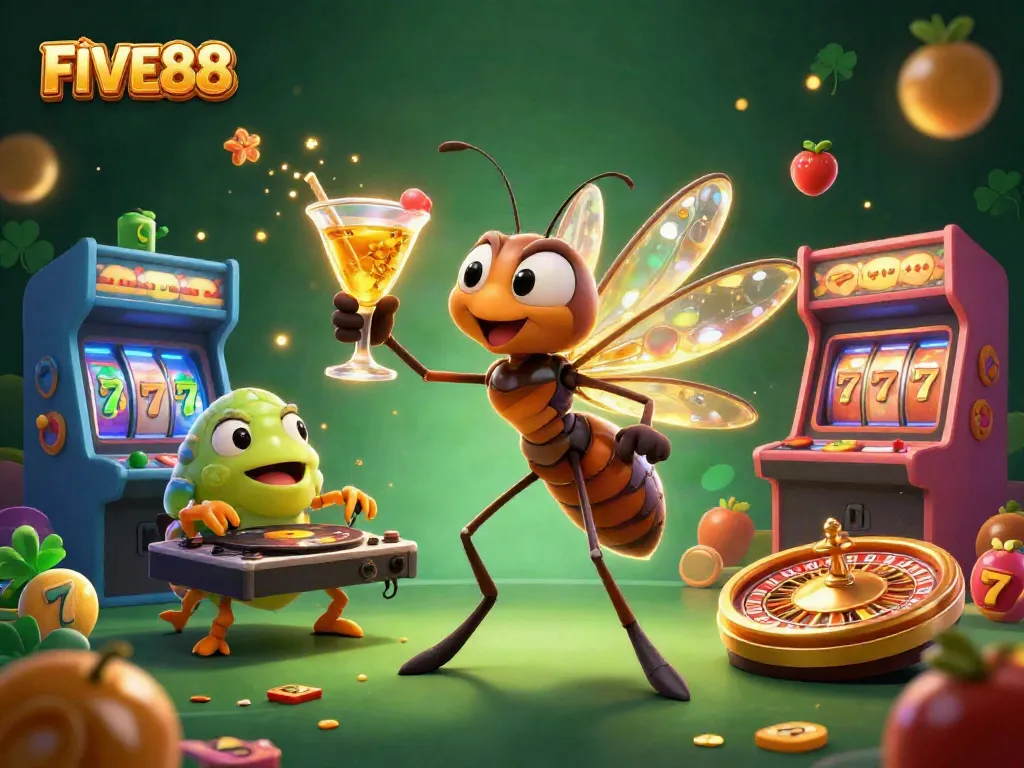 Join the excitement at FIVE88 with a vibrant casino scene featuring unique characters and slot machine elements.