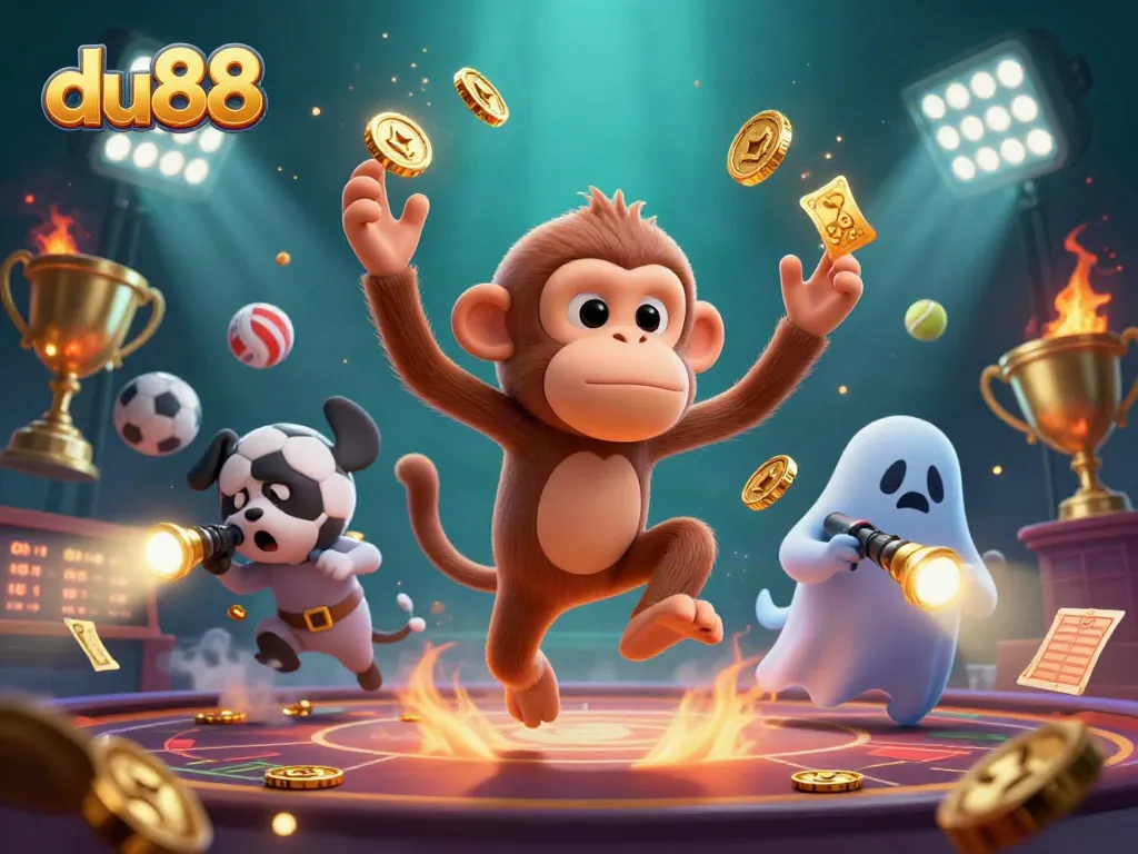 Bet big with du88 as the poltergeist monkey juggles winnings in a thrilling haunted casino environment.