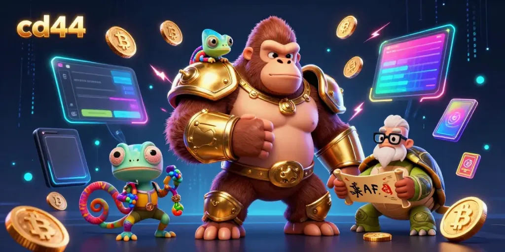 Engage with cd44 gameplay featuring a gorilla king, chameleon, and tortoise in a vibrant casino scene.