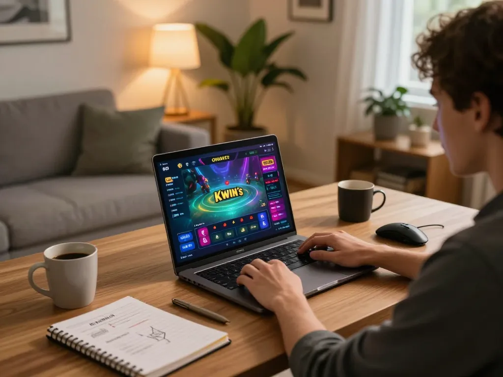 Kwin user enjoying live dealer games on a laptop in modern home setting, highlighting a strategic gaming experience