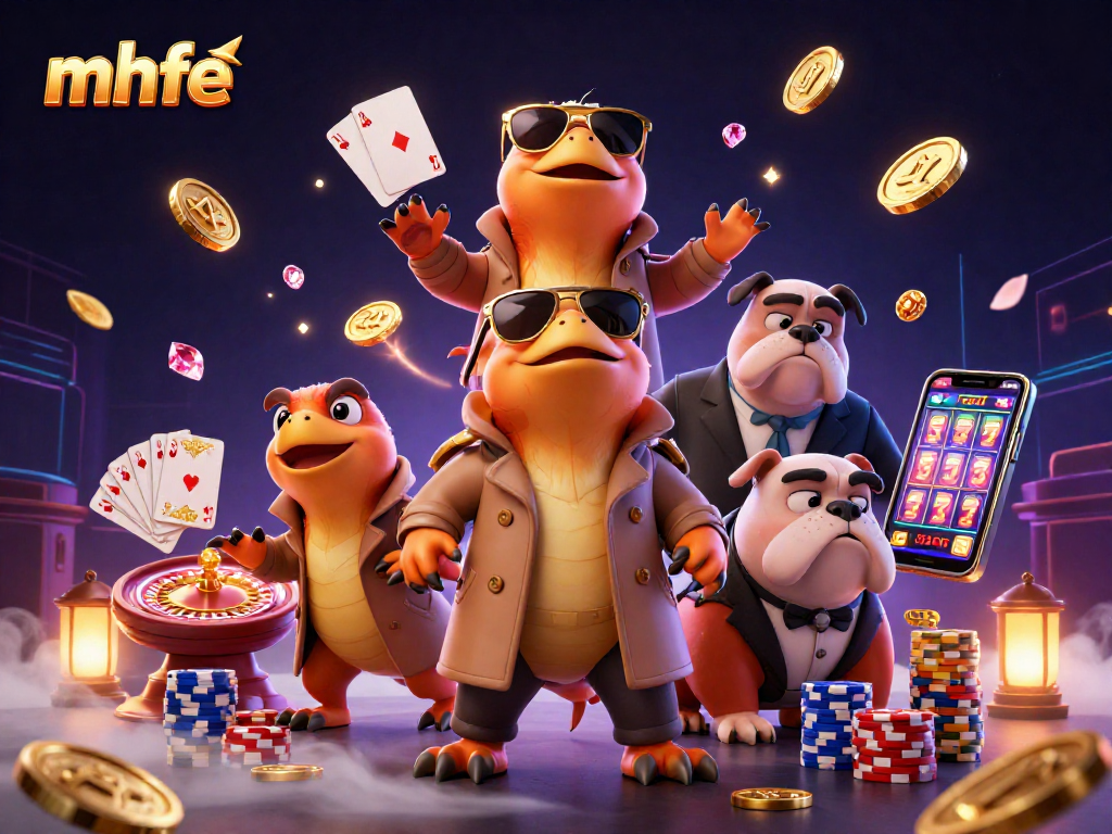 mhfe showcases raptors entering a VIP casino, emphasized by coins, cards, and gaming elements