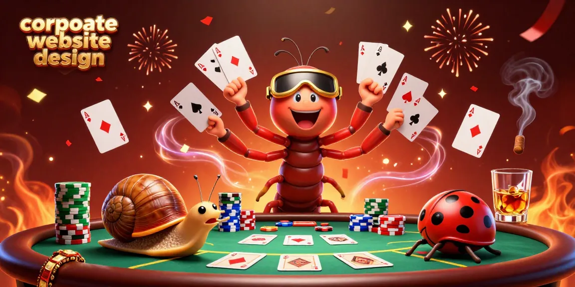 Engage in corporate website design with a colorful casino scene featuring illustrated characters and poker elements.