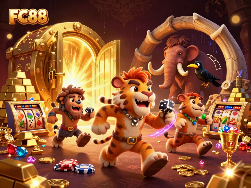 Engage in thrilling casino fun with FC88's vibrant 3D illustrated gaming scene packed with treasures.