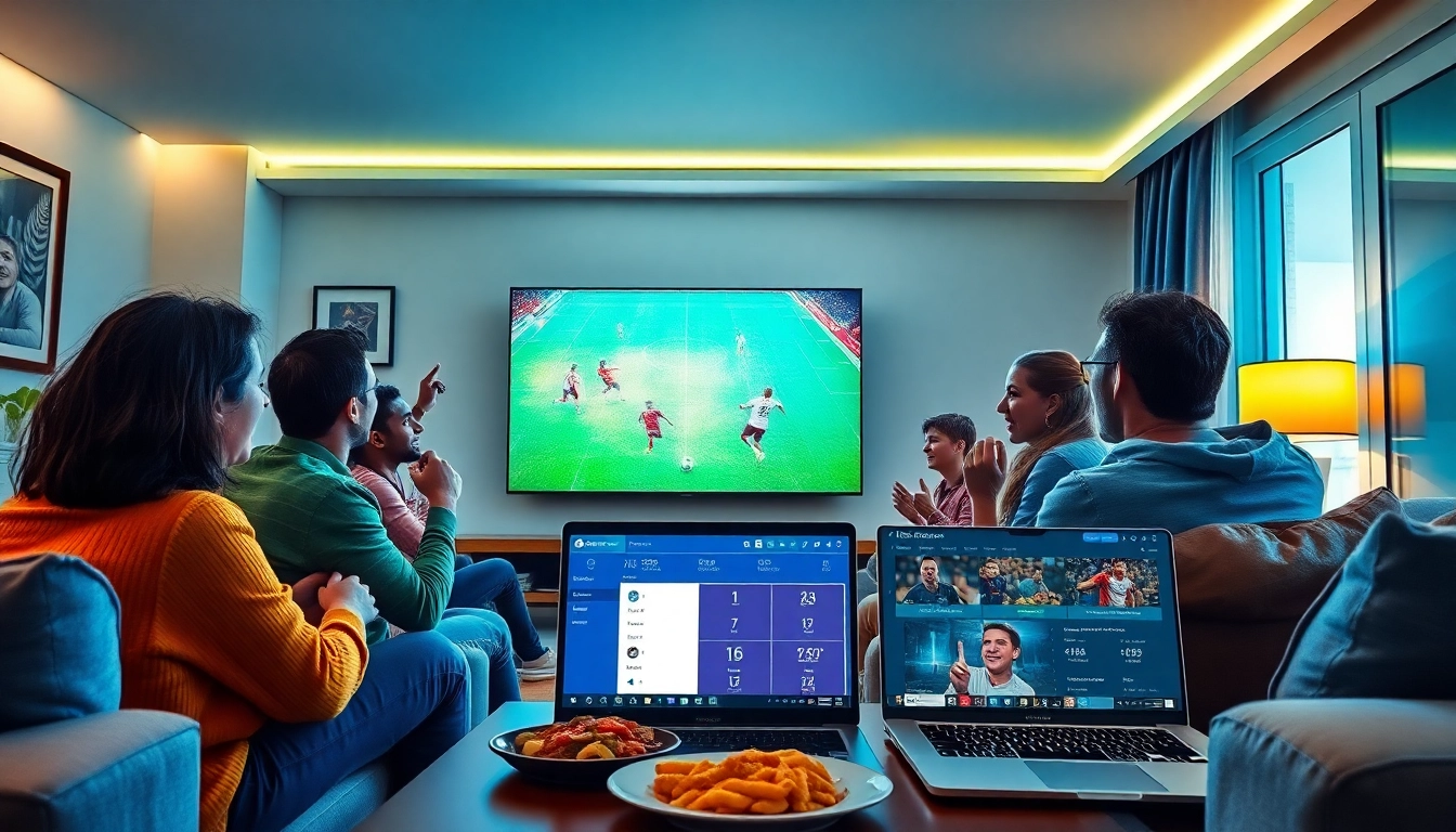 Experience football streaming at joemadfan.com with friends enjoying a live match in a cozy setting.