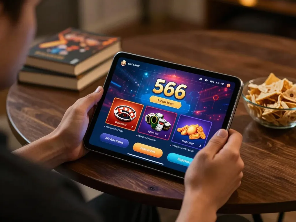 Register at 566 while enjoying a cozy online casino gaming experience with vibrant app interface.