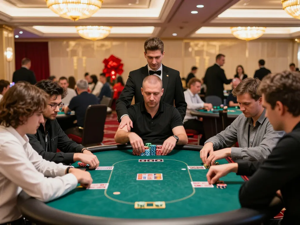 Players at the poker table during an MM88 tournament showcasing tension and strategic gameplay.
