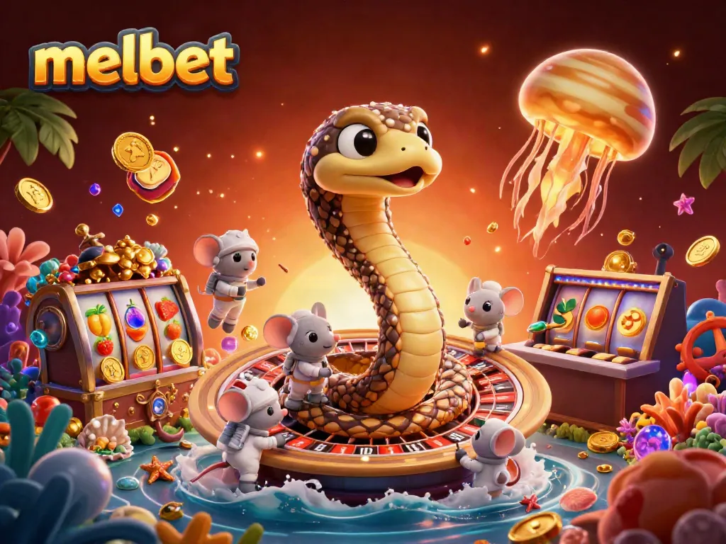 Experience the thrill of melbet with a 3D cosmic casino scene featuring a playful Saturn ring snake and astronaut mice.