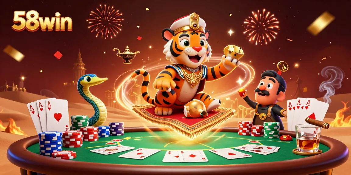 Experience thrilling gaming magic with the 58win sultan on a poker chip carpet amidst vibrant casino elements.