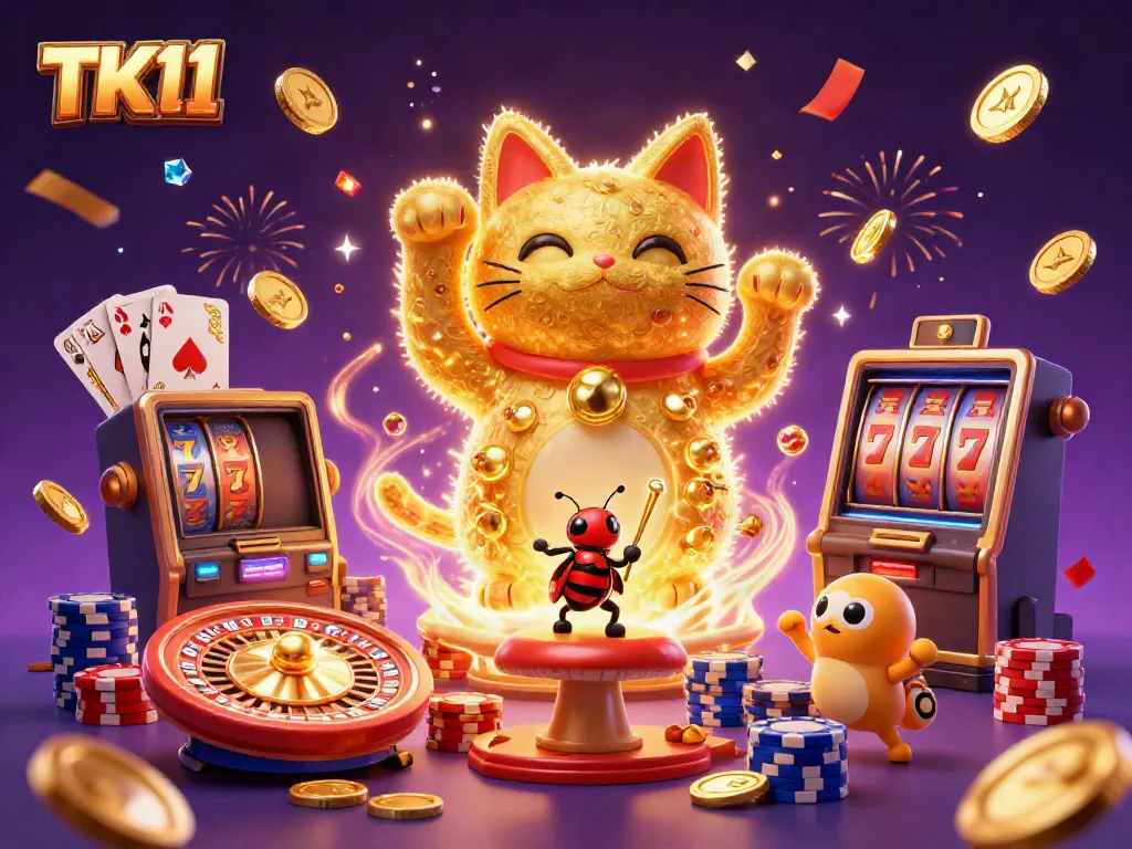 Experience TK11's vibrant casino world filled with slot machines, lucky symbols, and enchanting visuals.