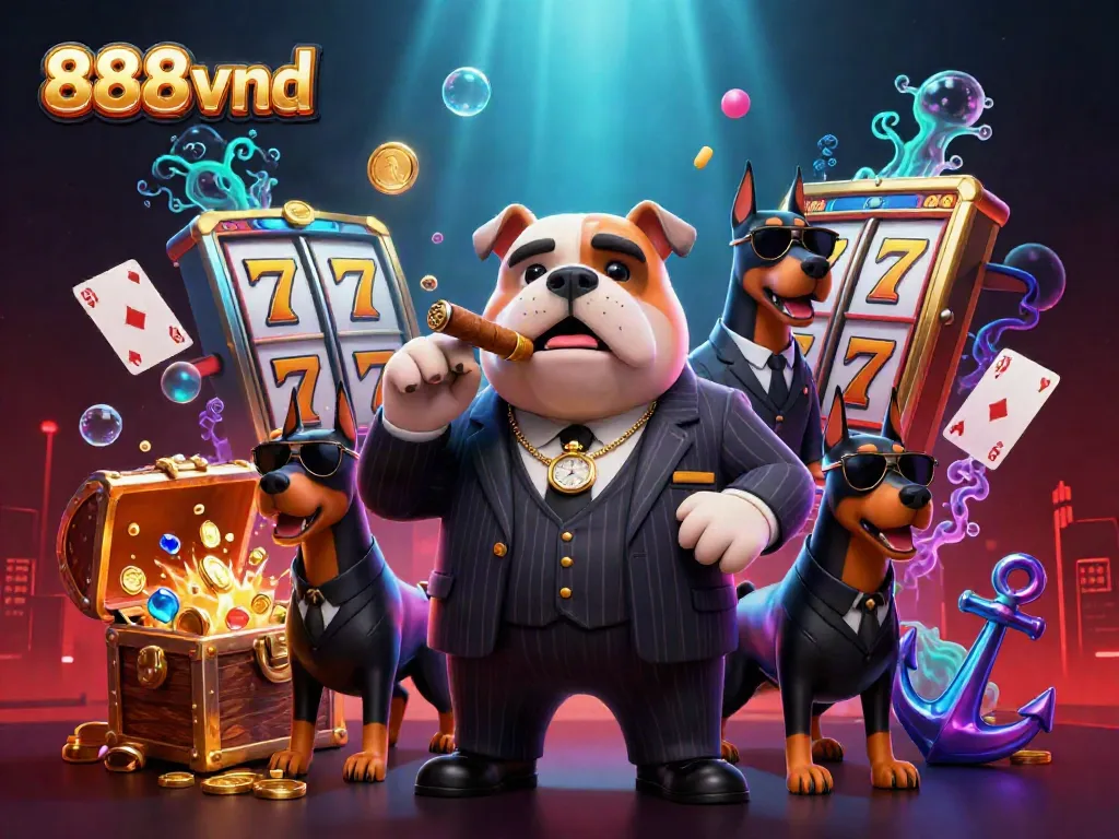 Experience the thrill of 888vnd with a dynamic 3D casino scene featuring a mafia boss and Doberman bodyguards.