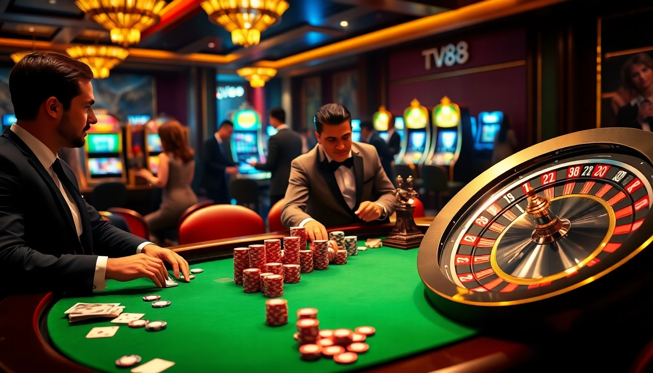 Experience thrilling poker action at TV88 casino with vibrant tables and excited players.