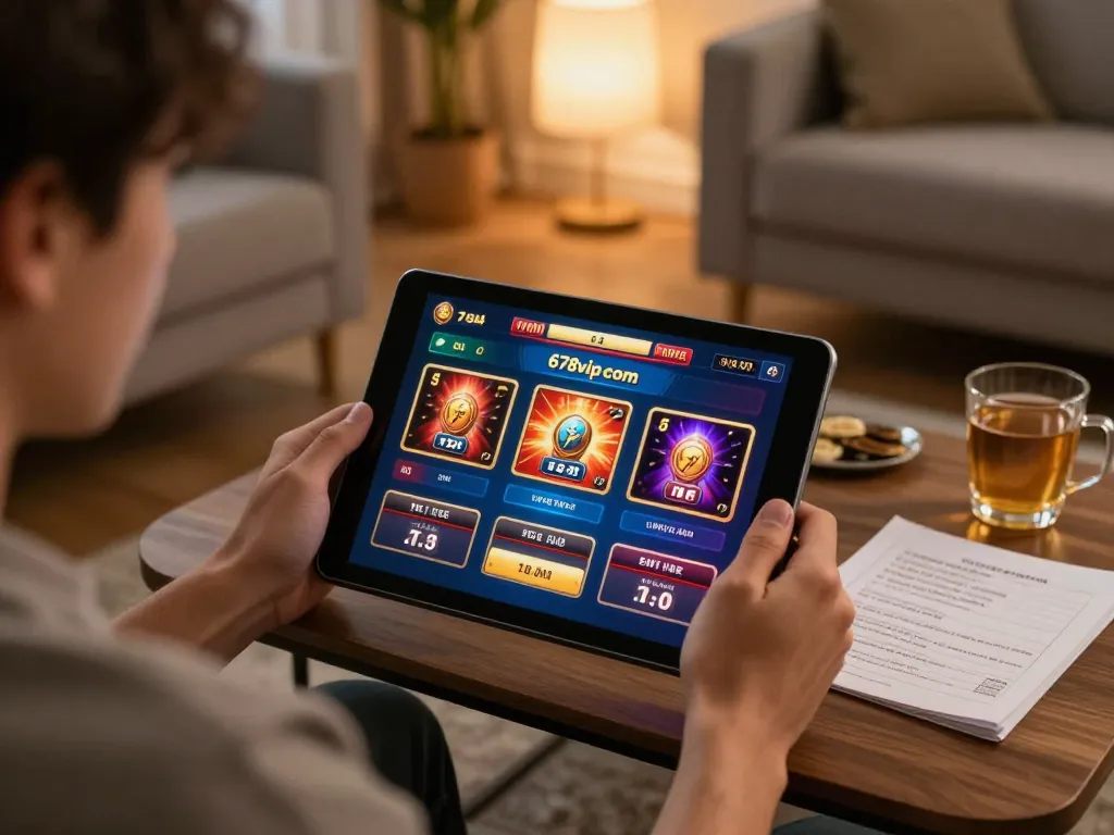 Player enjoying online casino games on 678vip com in a cozy home environment, highlighting strategic gameplay.