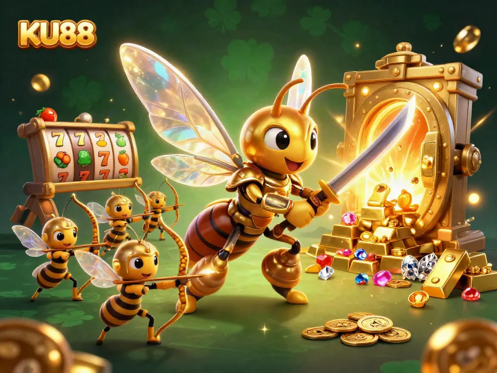 Experience thrilling victories with KU88 in an exciting 3D casino illustration filled with colorful slot symbols.