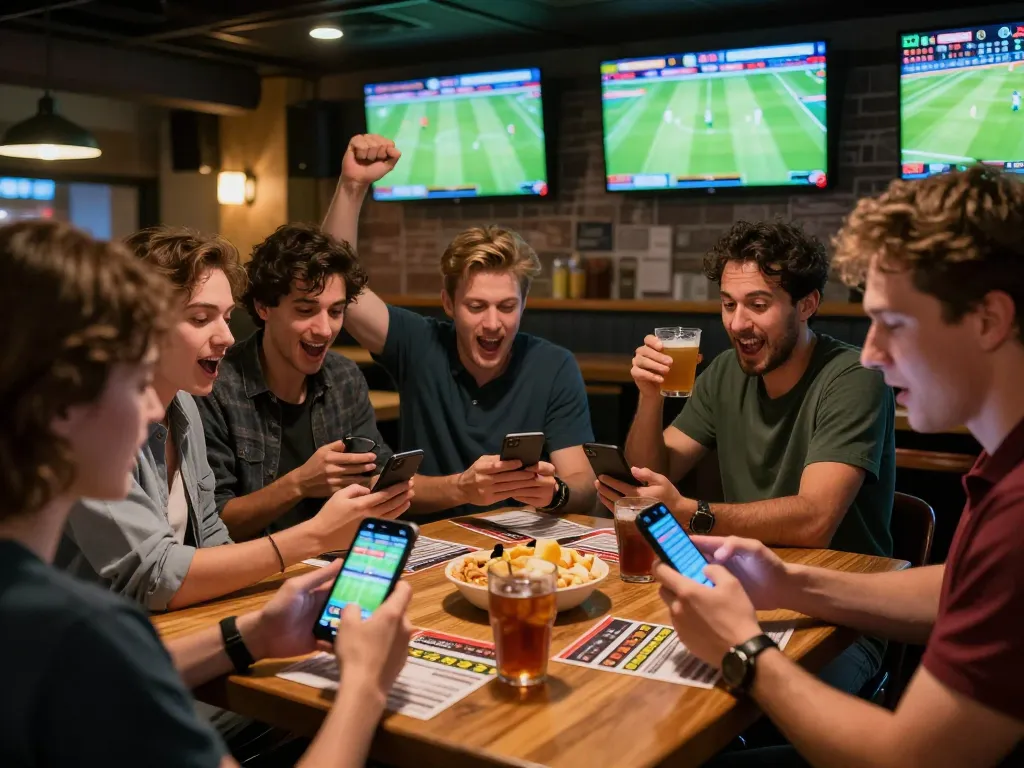 Engaged patrons using mobile devices for trang cá cược bóng đá at a lively sports bar.