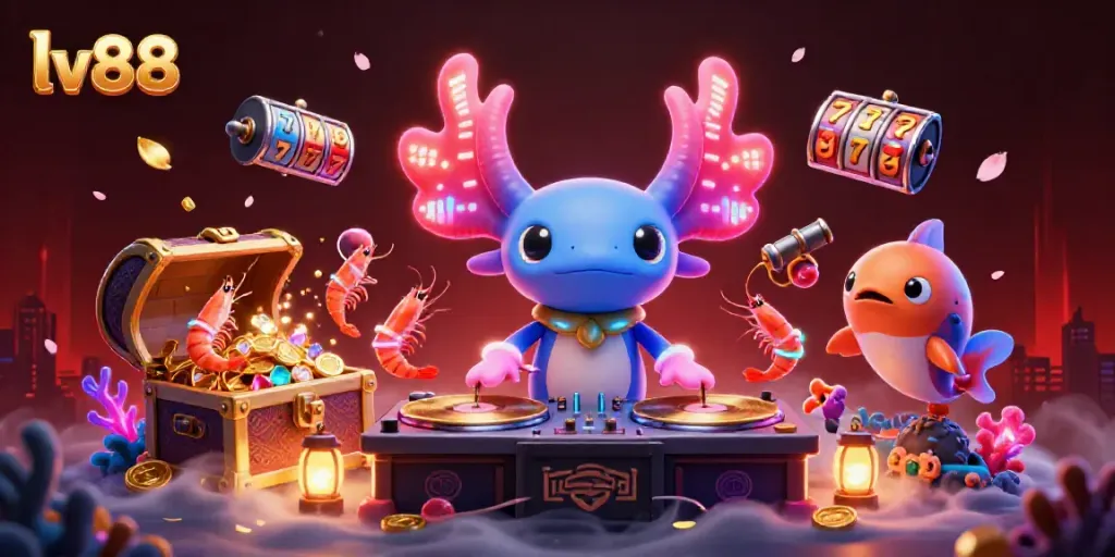 Engage with vibrant LV88 underwater casino fun featuring a neon axolotl DJ and lively sea creatures.