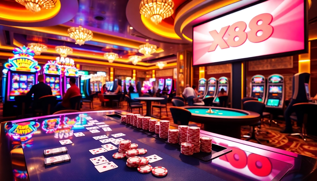 X88 gaming atmosphere featuring players at casino tables and lively slot machines.