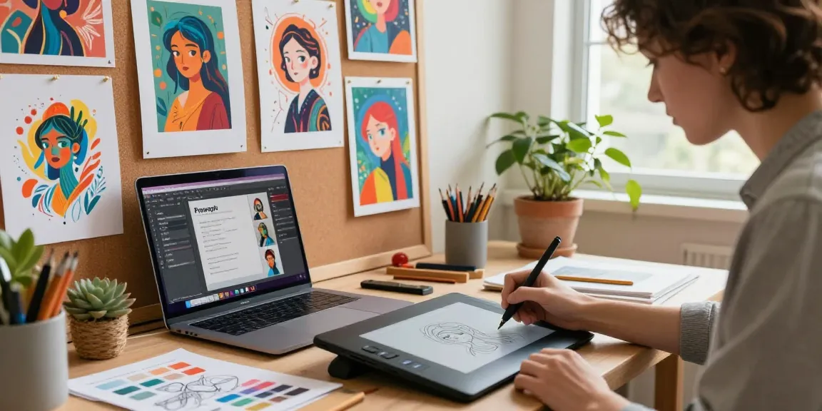 Artist utilizing an image to prompt generator to create AI art in a vibrant digital workspace.