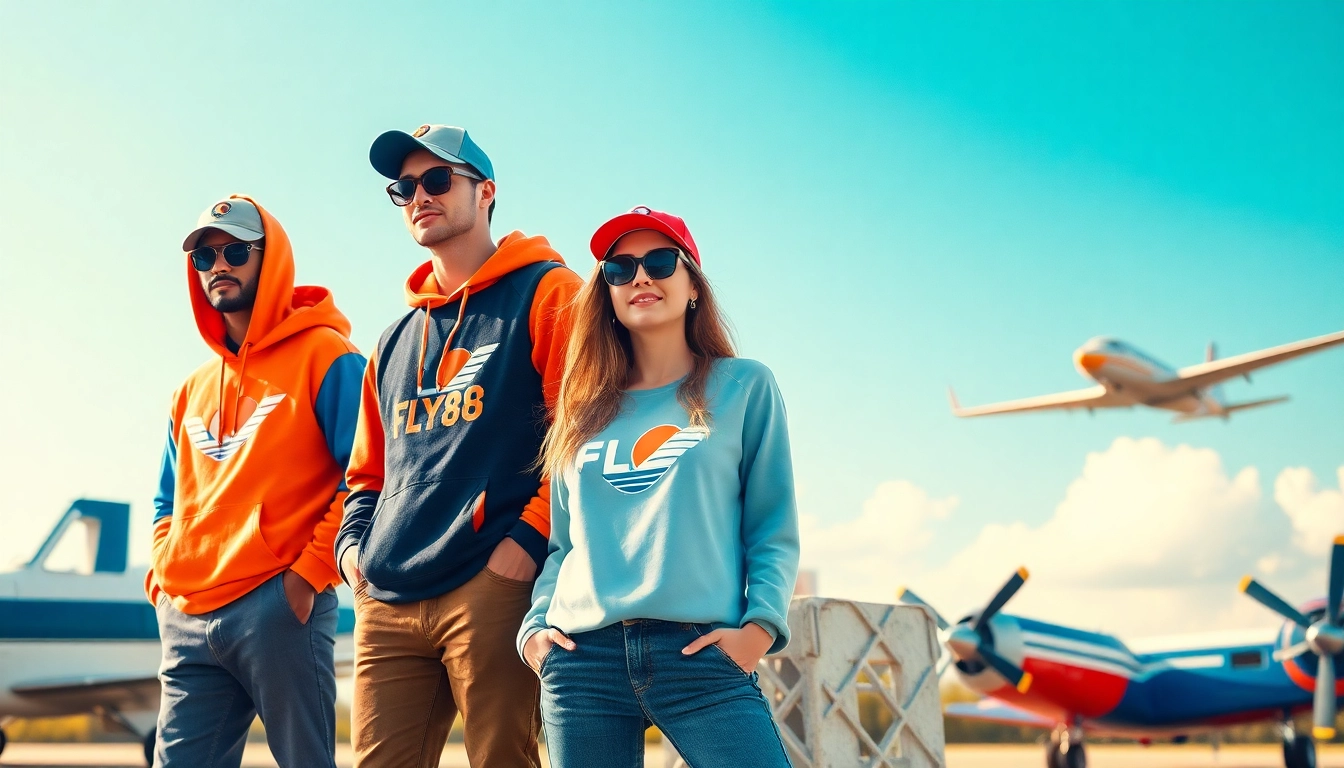 FLY88 aviation-inspired apparel displayed in an adventurous outdoor setting.