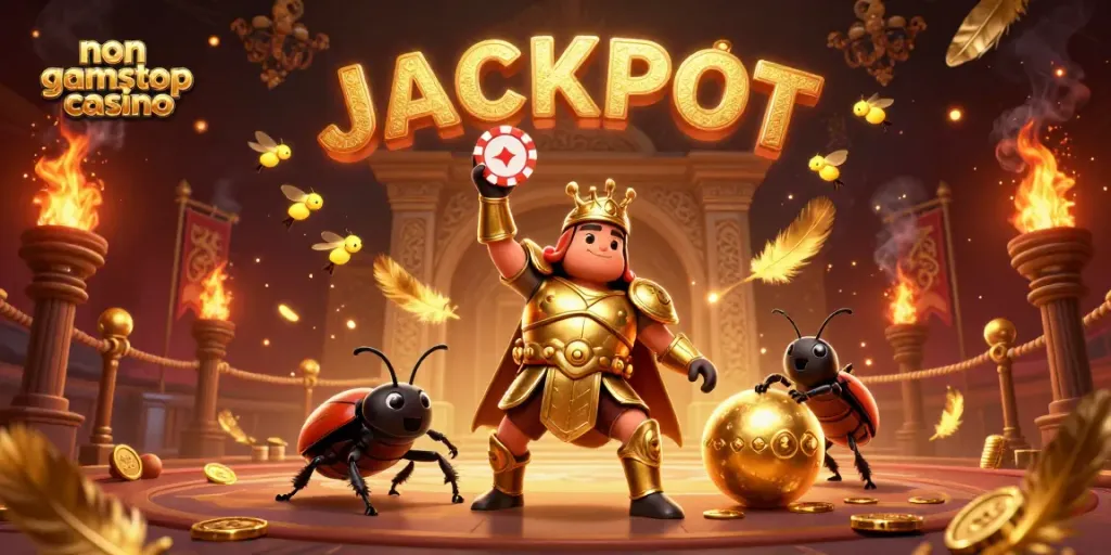 Experience the thrill of non gamstop casino with a victorious beetle hero and golden elements.