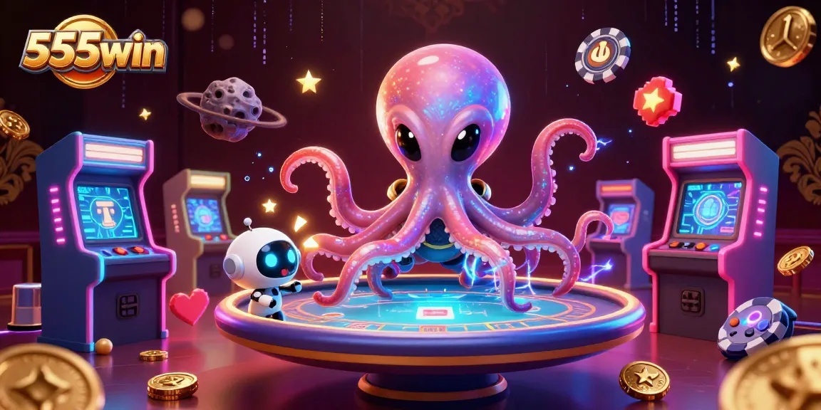 Experience thrilling gameplay with 555win's vibrant 3D casino scene featuring an alien octopus and robot.