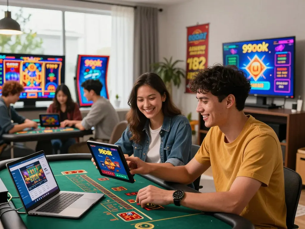Exciting 99ok gaming scene with players enjoying diverse online betting experiences in a cozy setting.